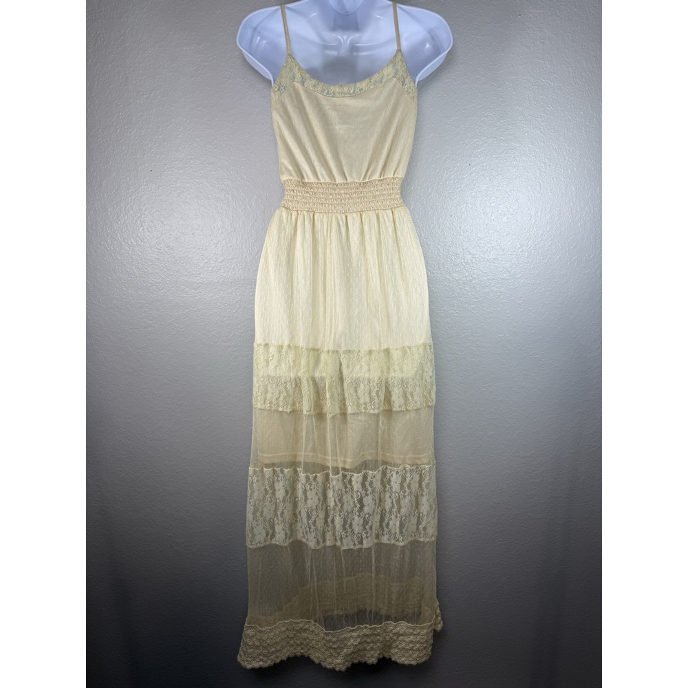 Women's light yellow tiered lace maxi dress Size S Mesh coquette cottagecore - Picture 4 of 8